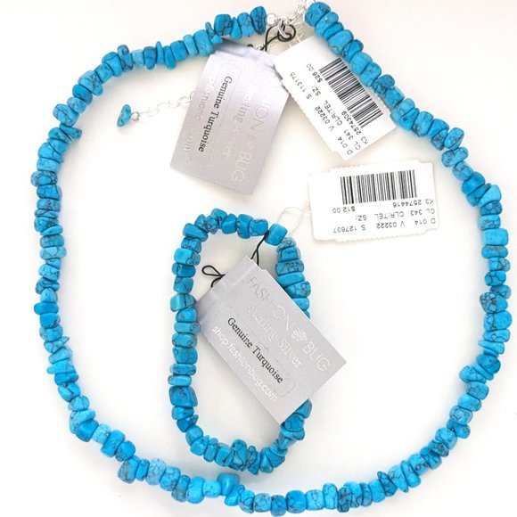 FASHION BUG Lot (2) Turquoise Chip Sterling Silver Necklace & Stretch Bracelet - Picture 1 of 4